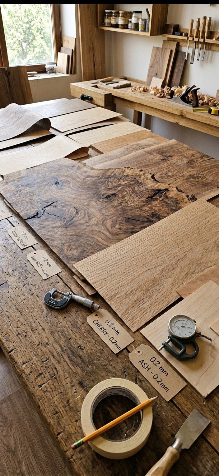 Natural wood veneer sheets — tonal range from pale to dark