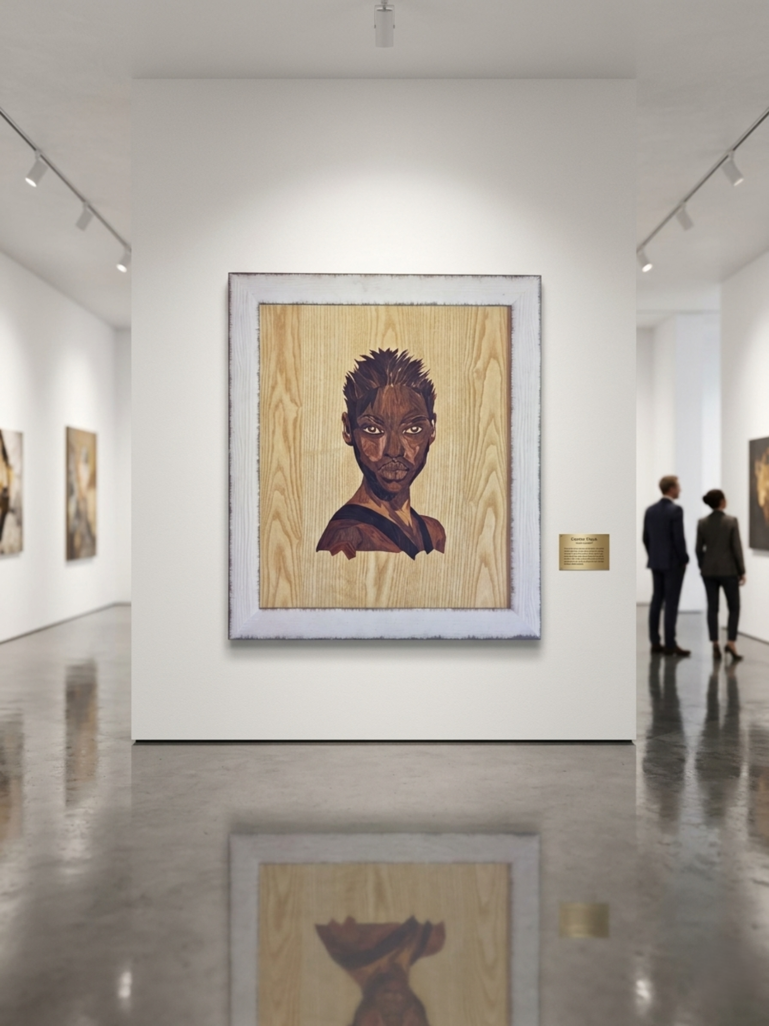 Black Woman marquetry portrait displayed on a wall — VaCa Marquetry
