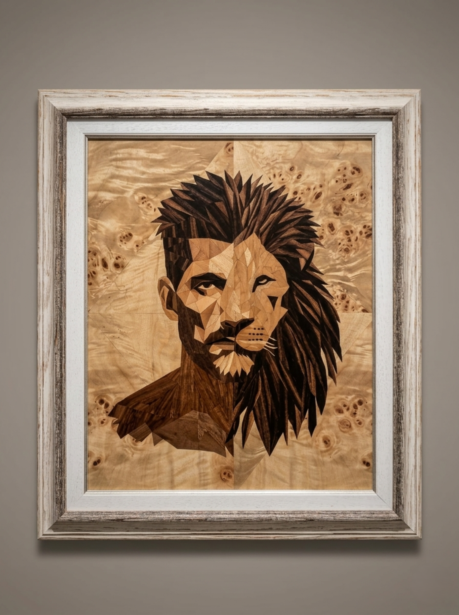 The Lion Within — marquetry portrait commission, VaCa Marquetry