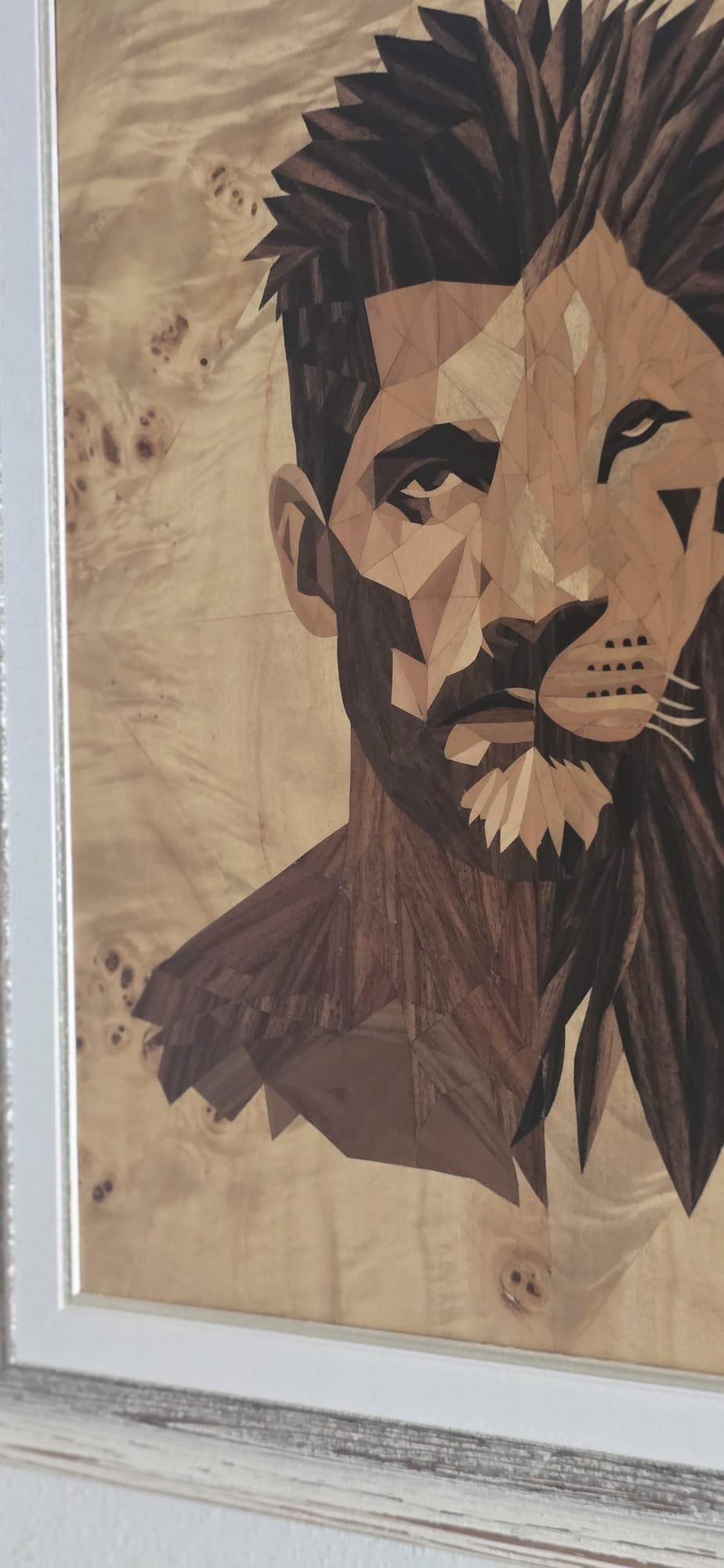 Marquetry portrait preview — polygonal wood detail, VaCa Marquetry