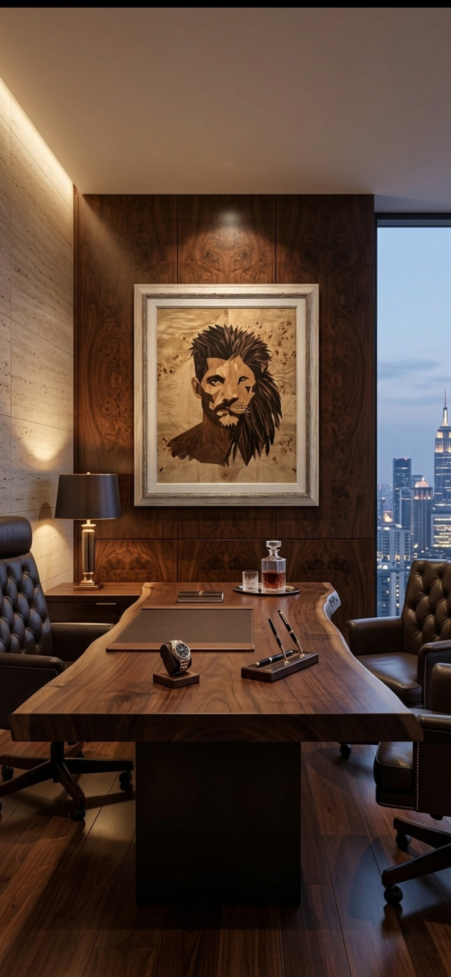 The Lion Within marquetry portrait — editorial lifestyle presentation