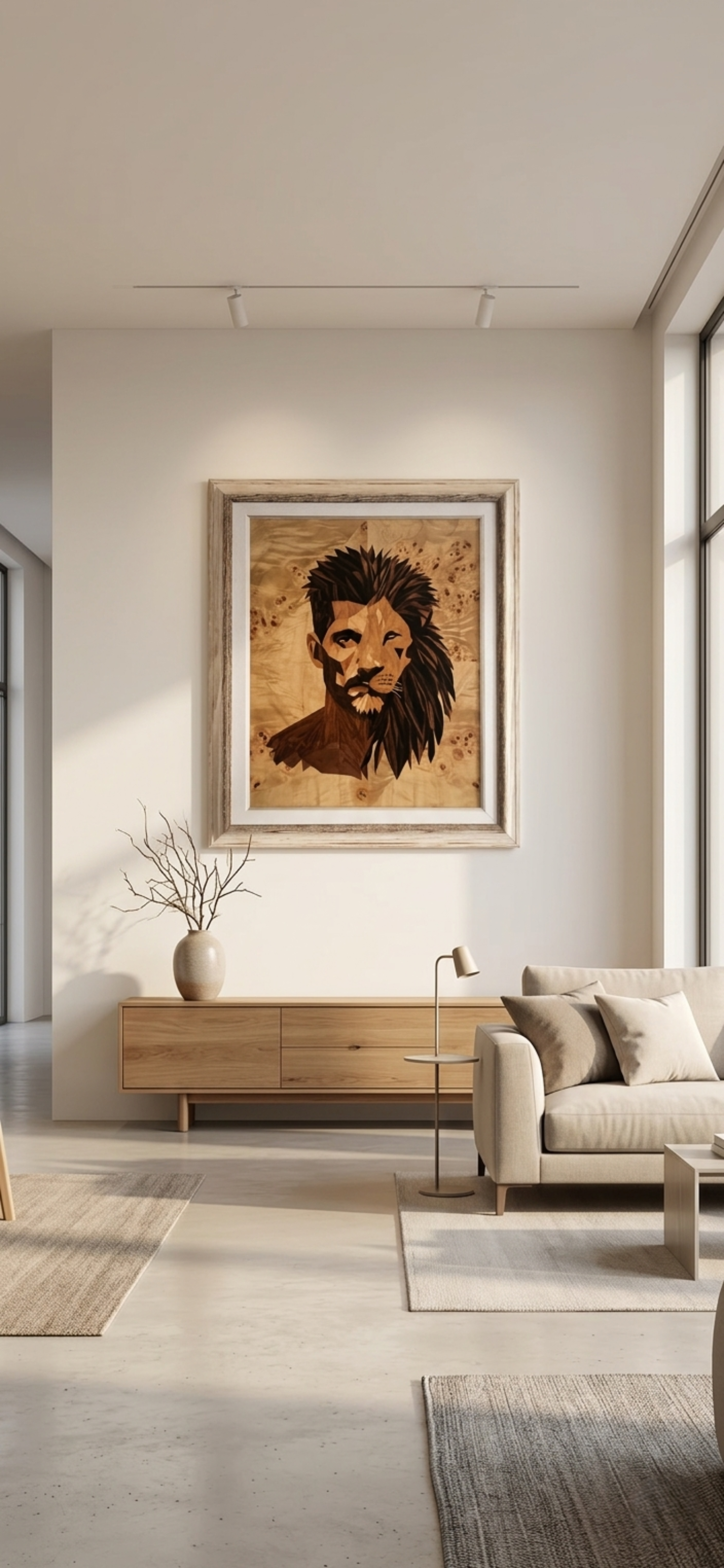 The Lion Within — marquetry portrait displayed on a gallery wall