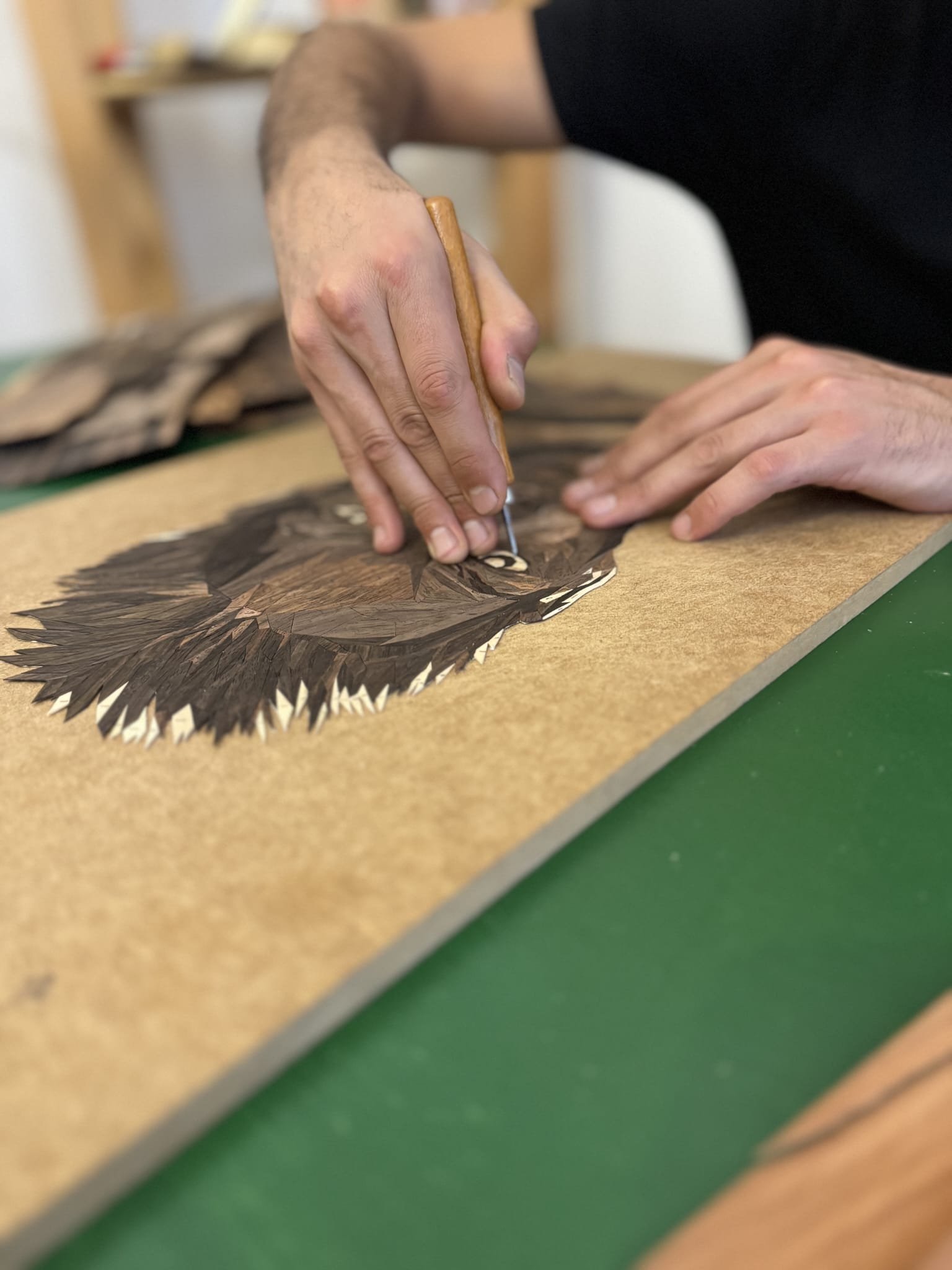 Sasun Sargsyan cutting marquetry veneer by hand