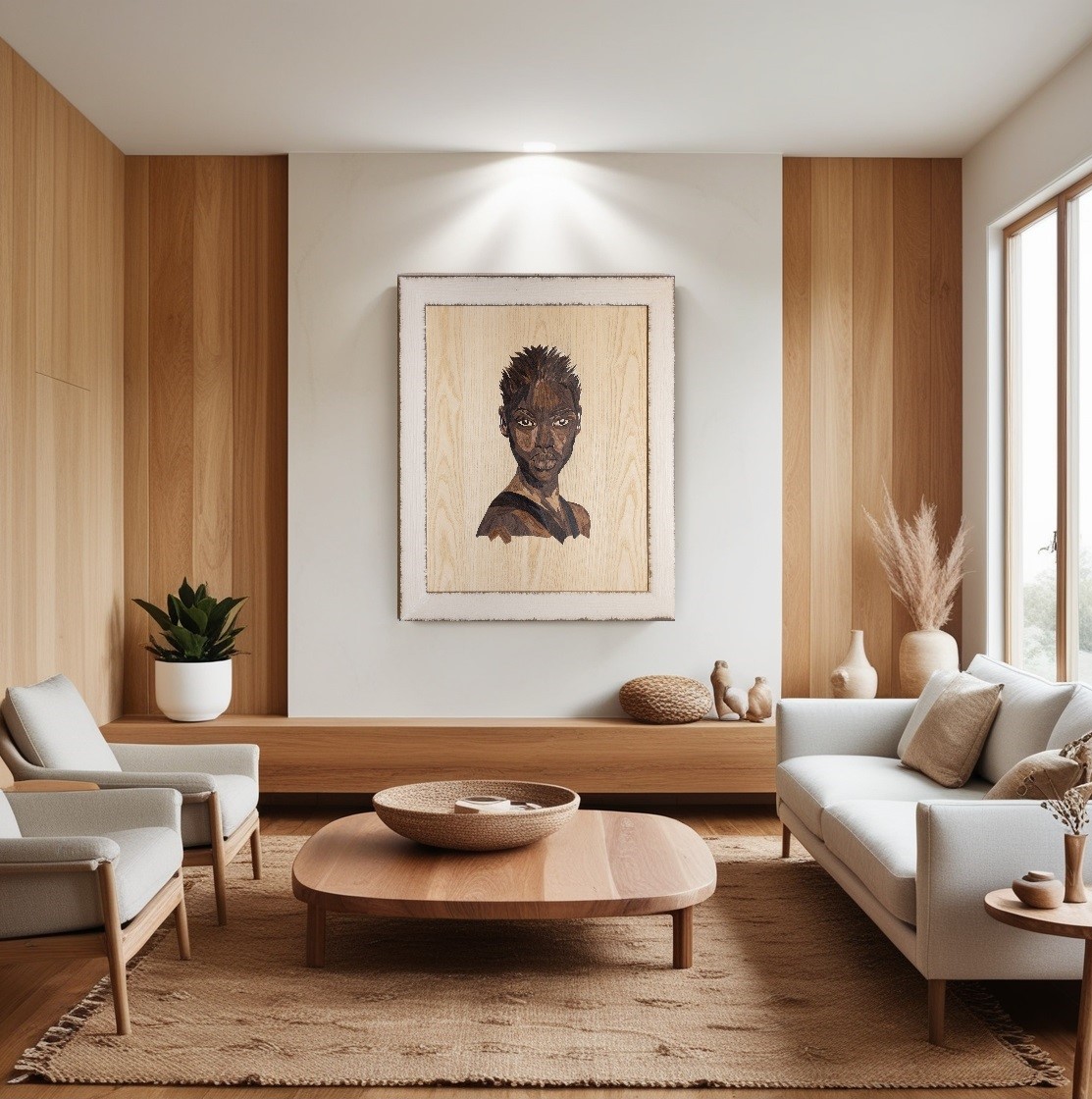 Black Woman – Handmade Marquetry Portrait (Wood Mosaic Art) - Image 2