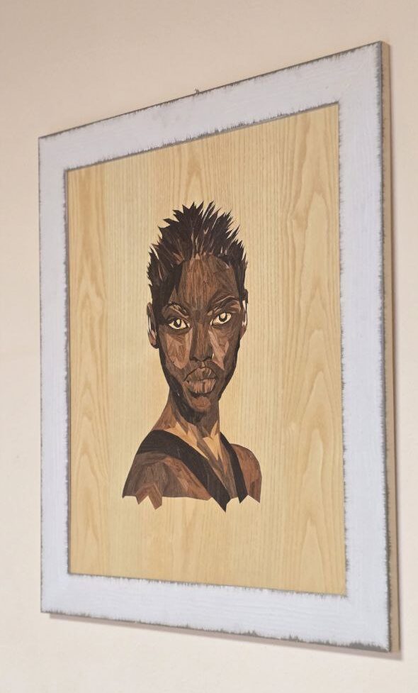 Black Woman Portrait in Marquetry – Side Angle View | Italian Wood Mosaic