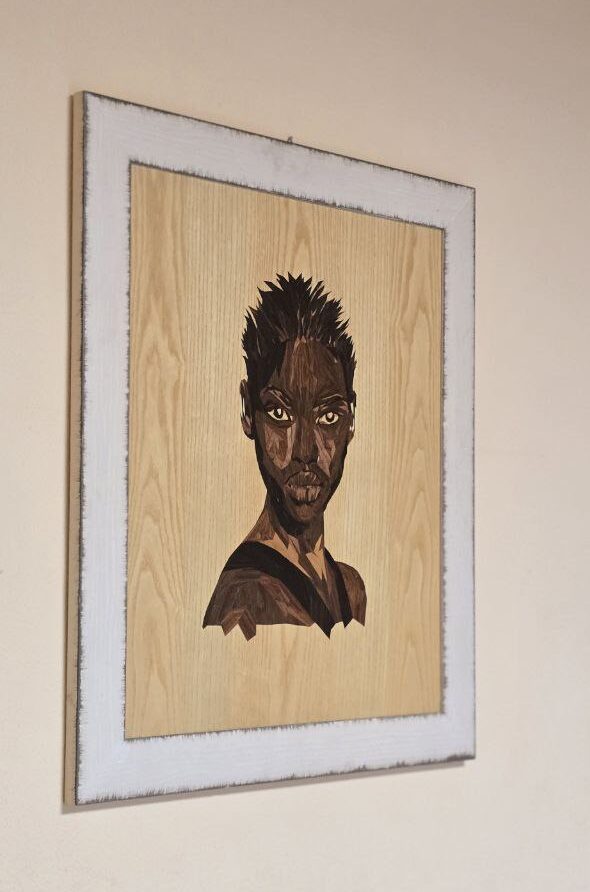 Black Woman Marquetry Portrait – Handmade Wood Art | 782 Pieces | Front View