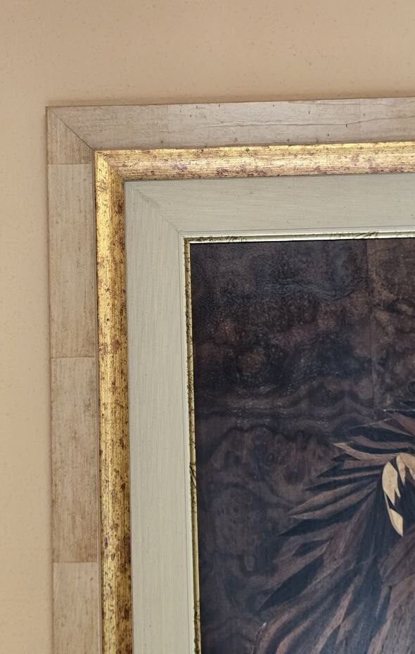 Lion and Woman Wood Mosaic – Side Angle View | Handmade Marquetry Portrait