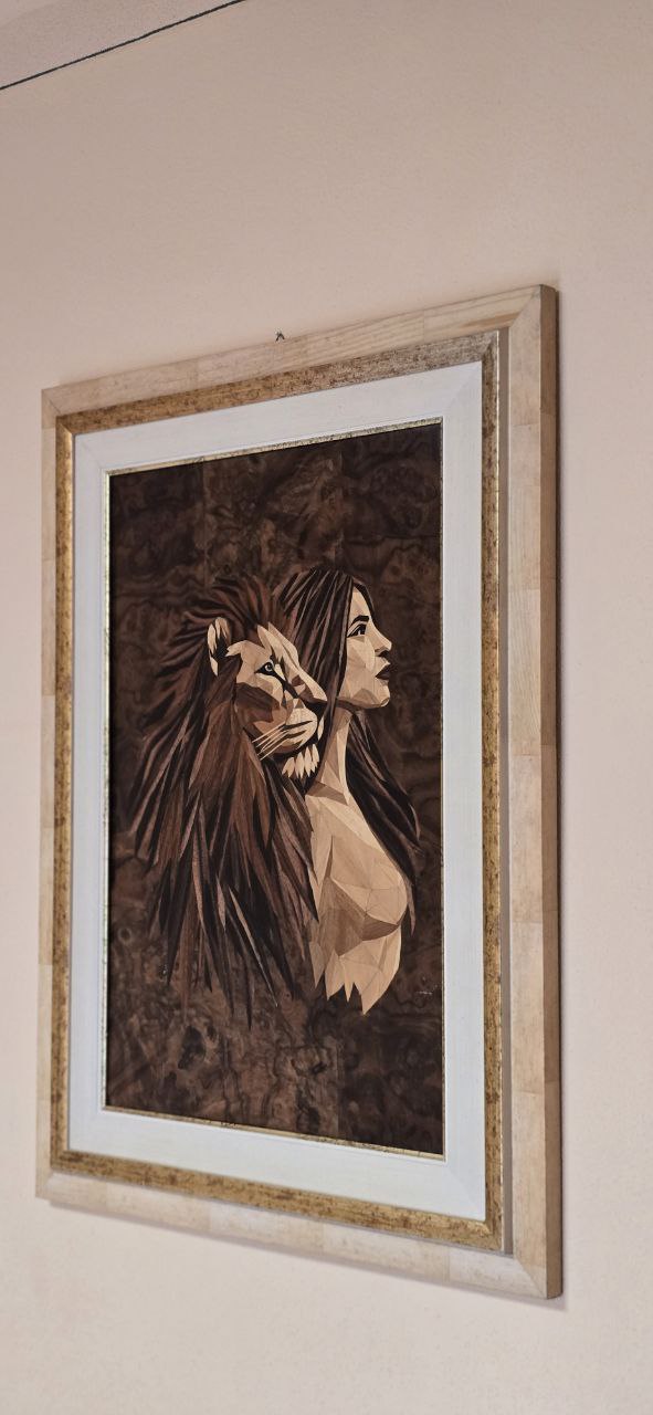 Lion and Woman Marquetry Close-Up – Wood Texture & Craftsmanship Detail