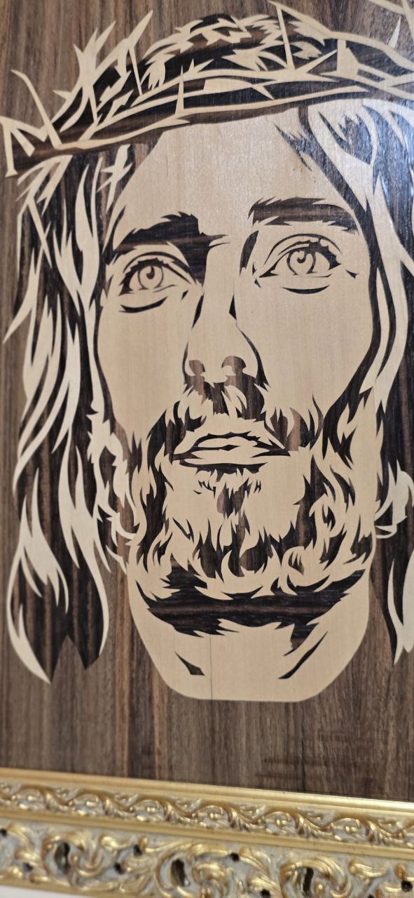 Close-Up of Jesus Marquetry Portrait | Fine Wood Texture & Artisan Detail