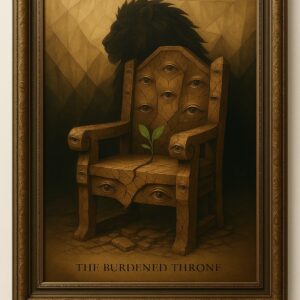The Burdened Throne marquetry artwork showing a throne with carved eyes and a growing plant, symbolizing wisdom and rebirth, handcrafted from 1,700+ wood pieces in Italy.
