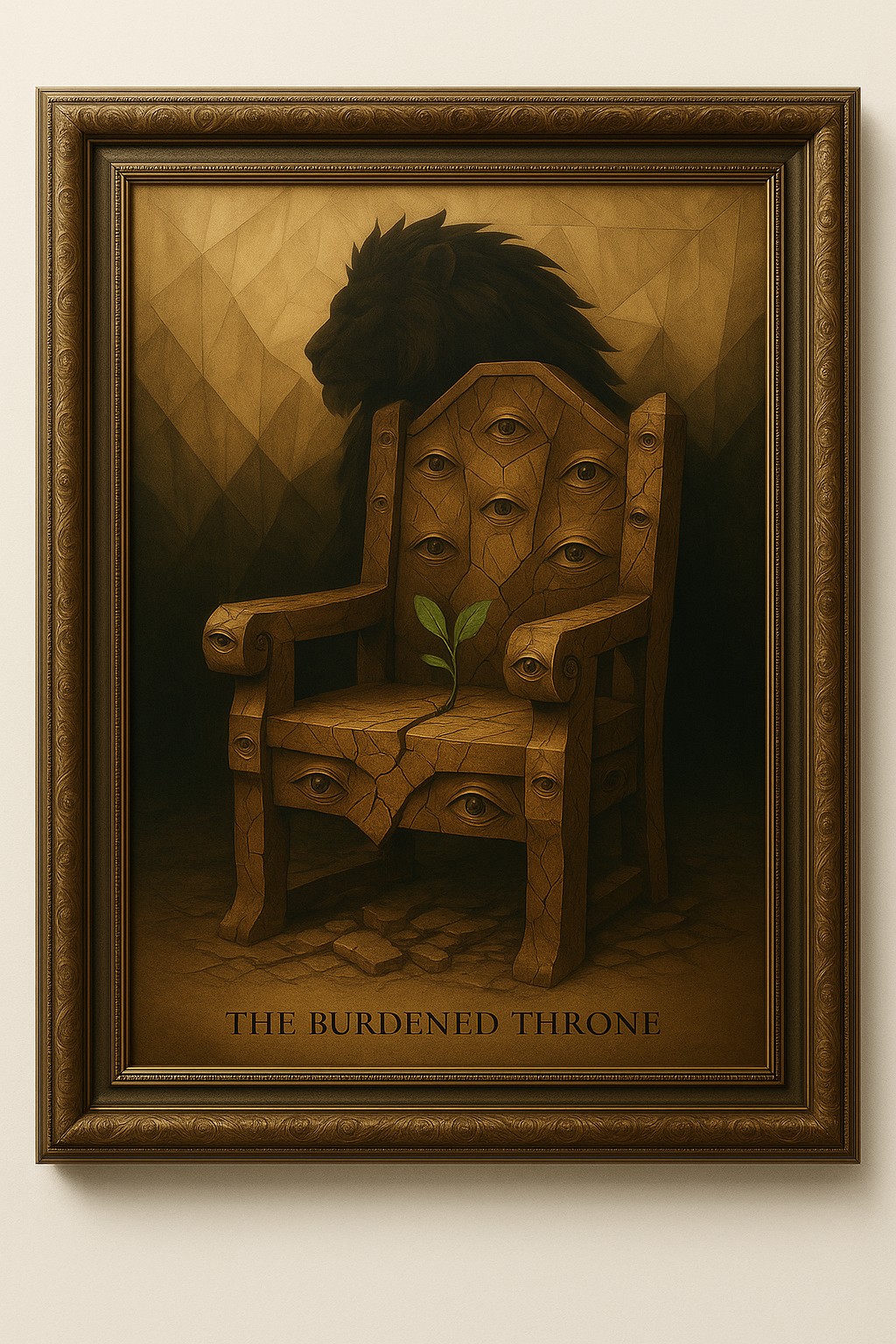 The Burdened Throne marquetry artwork showing a throne with carved eyes and a growing plant, symbolizing wisdom and rebirth, handcrafted from 1,700+ wood pieces in Italy.